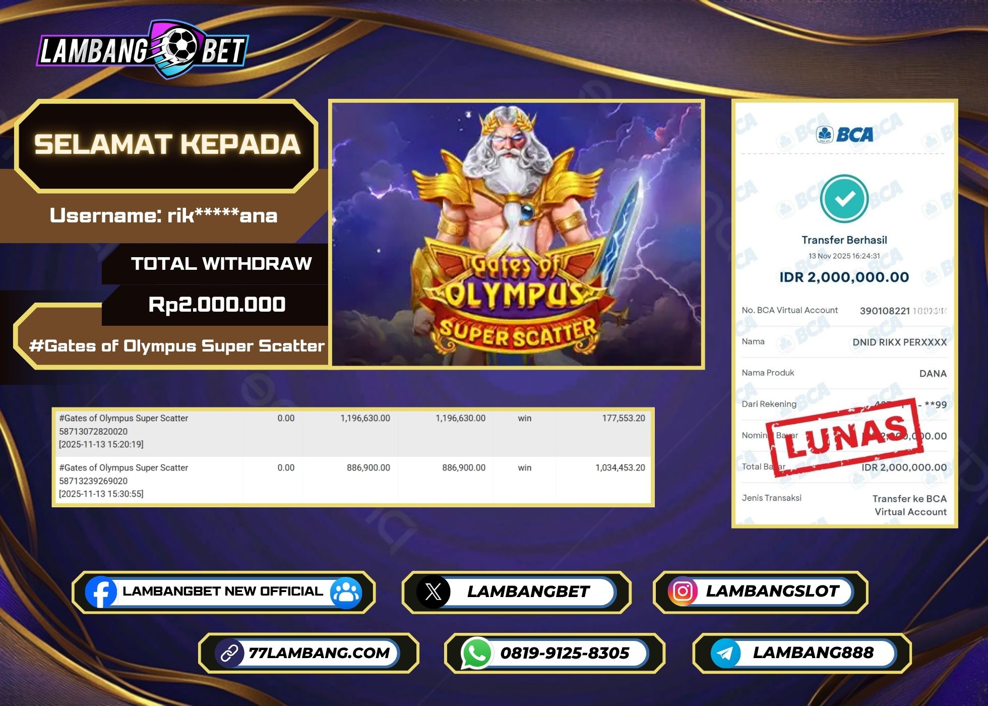 LAMBANGBET [14 NOVEMBER 2025] JACKPOT SLOT Gates of Olympus Super Scatter "Rp2.000.000" LUNAS